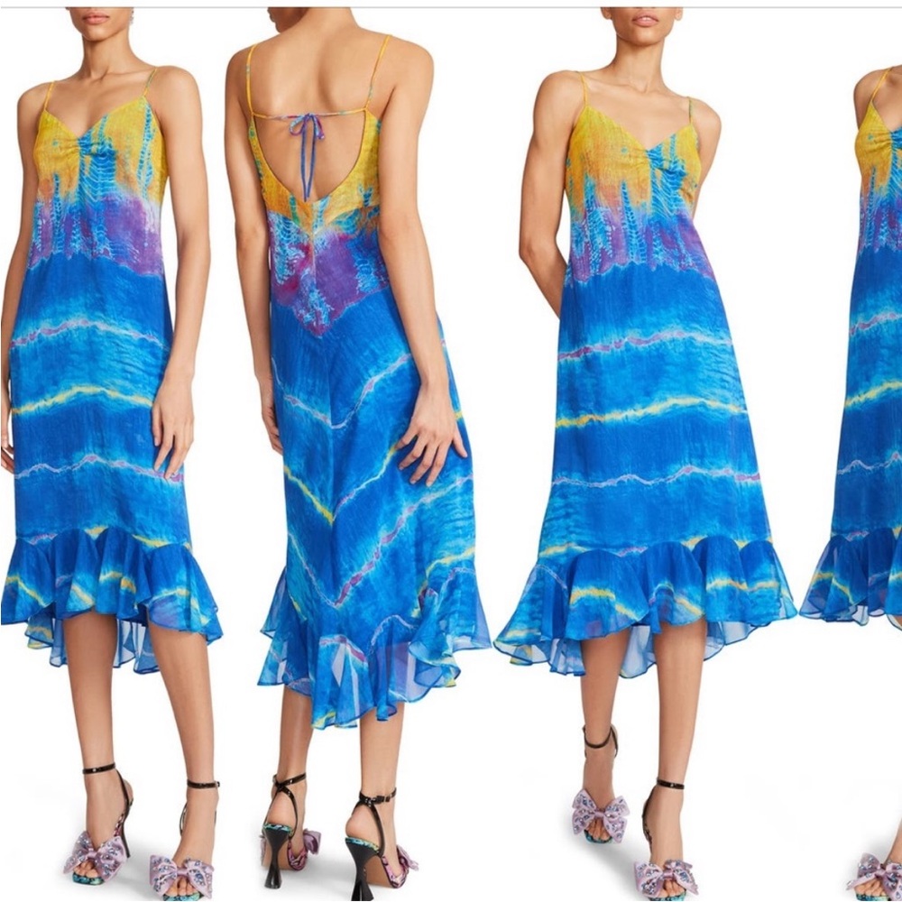 Betsey Johnson Womens Size 12 Rainbow Water Spaghetti Strap‎ Midi Dress Blue NEW